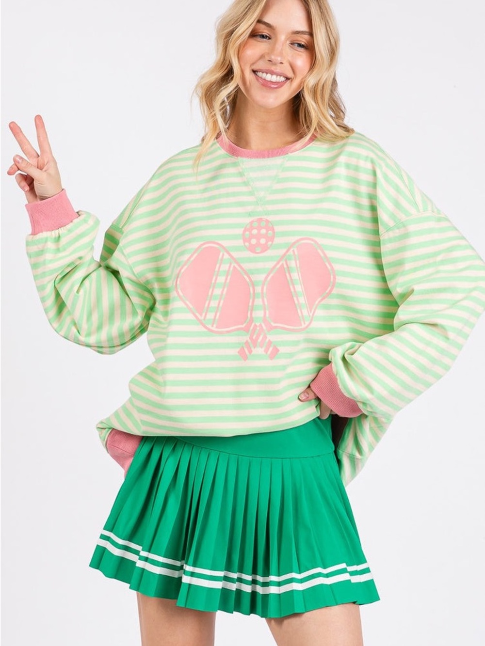 Women's Green Pleated Tennis Mini Skirt w/White Stripes & Built in Shorts, Sz S